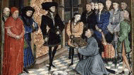 Een miniatuur van Rogier van der Weyden: vertaler Jean Wauquelin reikt Filips de Goede het eerste deel van de Chroniques de Hainaut aan.
